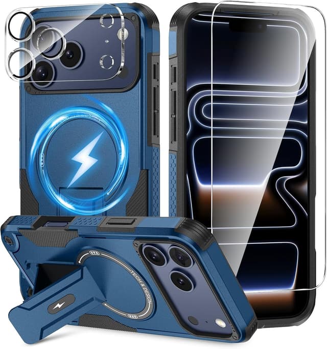 Detalle de 3-in-1 iPhone 17 Pro case with MagSafe, invisible kickstand & HD screen protector (Blue)