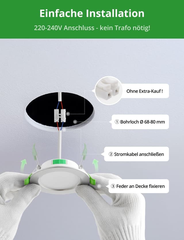 Detalle de HOMEOW 6er-Set LED-Einbaustrahler 230V, 5W – 3 Farbtemperaturen, ultraflach, IP44