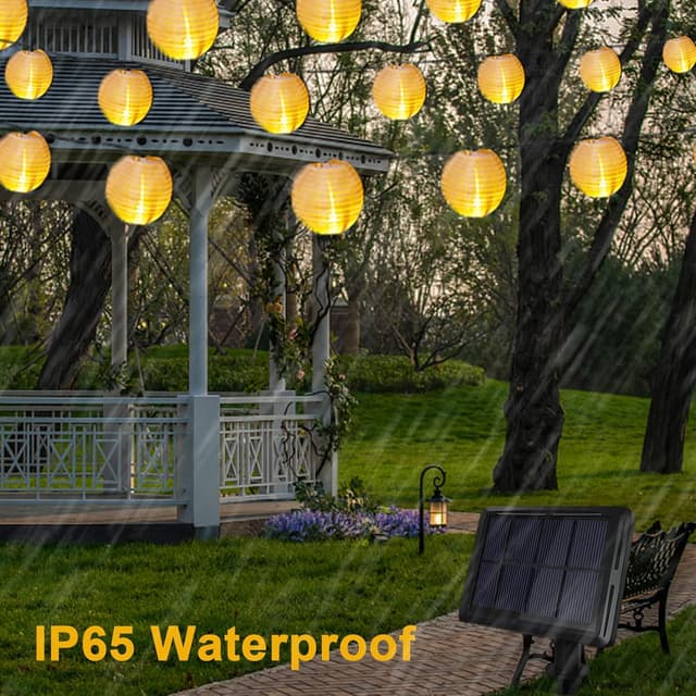 Detalle de Bowfar Solar-Lichterkette „Lampions“ für außen, 6 m, 30 LED, warmweiß (IP65, 8 Modi)