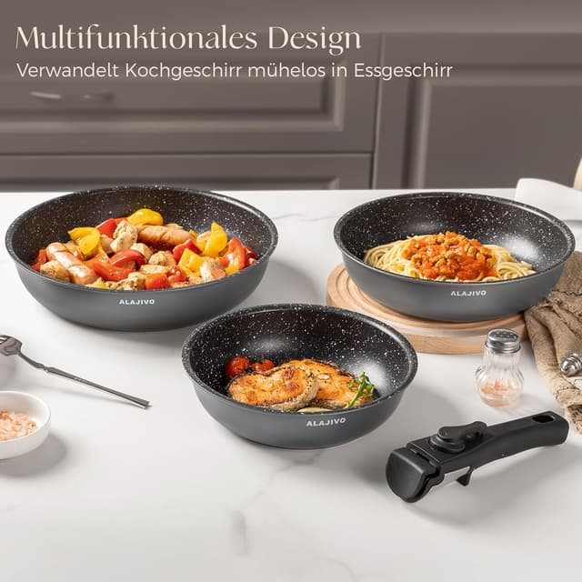 Thumbnail 6 de Alajivo Pfannenset mit abnehmbaren Griffen, 7-teilig (20/24/28 cm) – für Induktion, antihaft, ofenfest