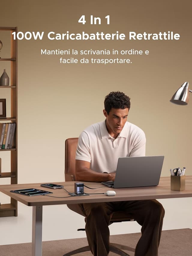 Detalle de UGREEN Nexode Caricatore USB-C 100W GaN con cavo retrattile e 4 porte