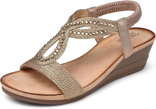 Thumbnail 6 de SHIBEVER White Wedge Sandals for Women (Low Wedge, Open Toe, Rhinestone & Jeweled Look)