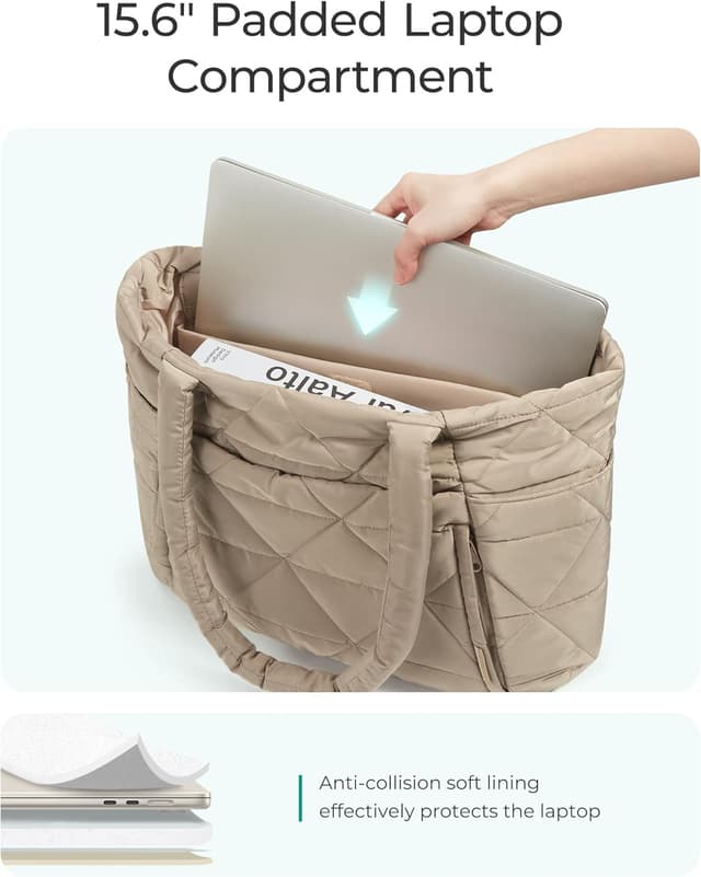 Thumbnail 6 de BAGSMART Puffer Tote Bag for Women with Zipper, Quilted Shoulder Bag for Travel, Work, Gym