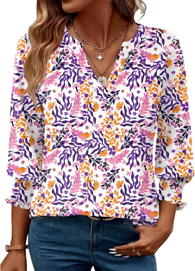 Detalle de LOMON Women’s 2026 Fashion Tops: 3/4 Sleeve Smocked V-Neck Business Casual Blouses (S–4X)