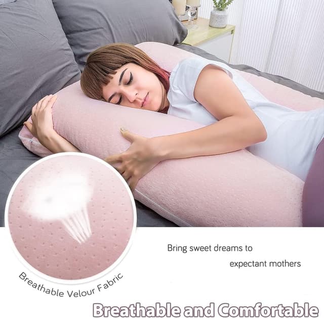 Detalle 2 de AS AWESLING Schwangerschaftskissen U-Form (Ganzkörper) mit abnehmbarem Veloursbezug – Rosa