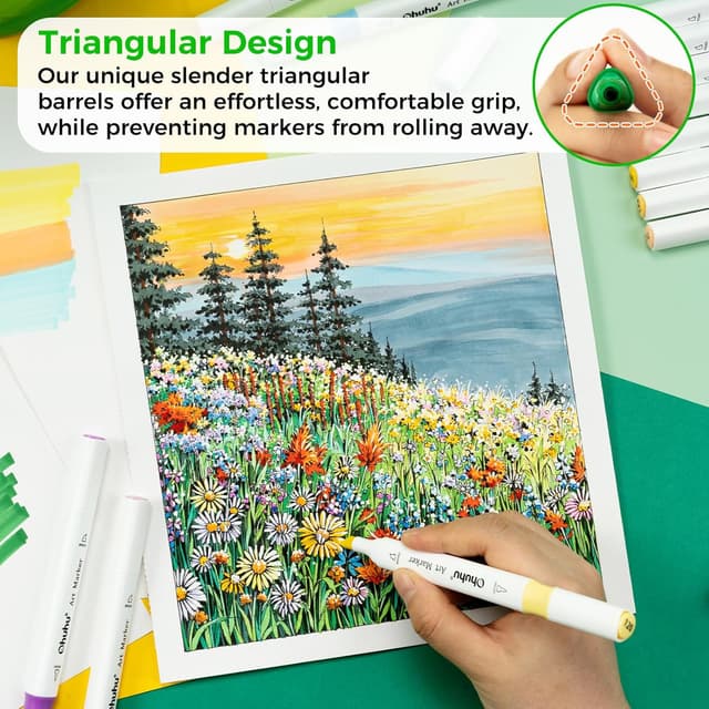 Detalle de Ohuhu Alcohol Markers (48 Colour Brush Pens) – Double Tipped Brush & Chisel for Adult Colouring and Sketching