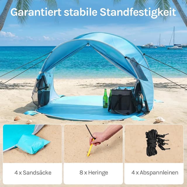 Detalle 2 de WolfWise Pop-Up Strandmuschel für 3–4 Personen (Sofortaufbau) mit UV-Schutz 50+