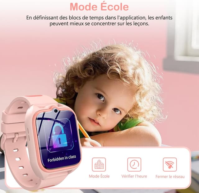 Detalle de IOWODO Montre connectée enfants 2025 4G LTE (SIM nano) avec GPS, SOS et appels vidéo – Rose, 5 à 12 ans