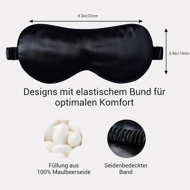 Detalle de LaCourse 22 Momme Schlafmaske aus 100% Maulbeerseide (Schwarz) – komplett verdunkelnd & bequem