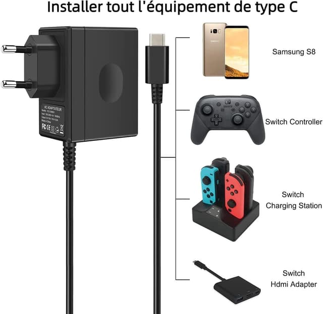 Detalle de Chargeur secteur YCCSKY 45W pour Nintendo Switch (TV / portable) avec câble USB‑C 1,5 m
