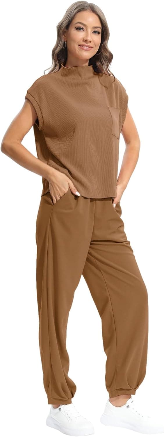 Detalle de Momuk Women’s Casual 2-Piece Ribbed Knit Short Sleeve Top & Wide-Leg Lounge Set