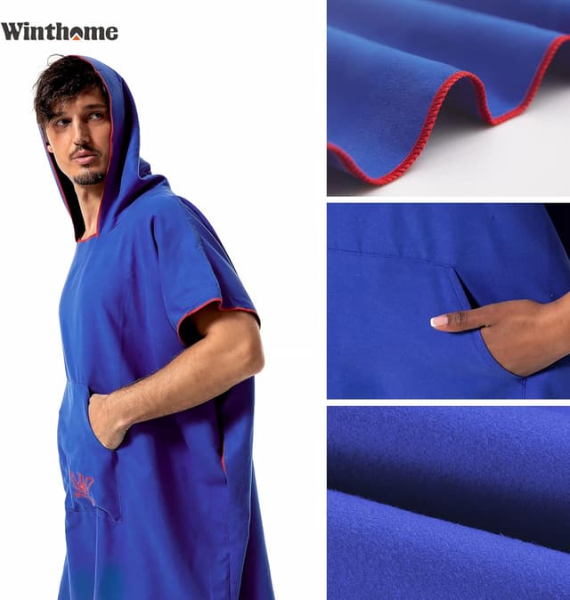 Detalle de Winthome Changing Robe Microfibre Towel Poncho (Blue) – Lightweight Hooded Changing Robe, XL