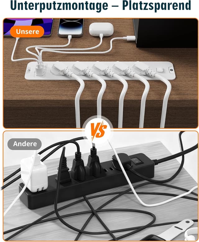 Detalle de Inhwatek Steckdosenleiste mit USB (PD 20W) – 5-fach Einbausteckdose 9-in-1 mit 2 m Kabel, 16A/4000W