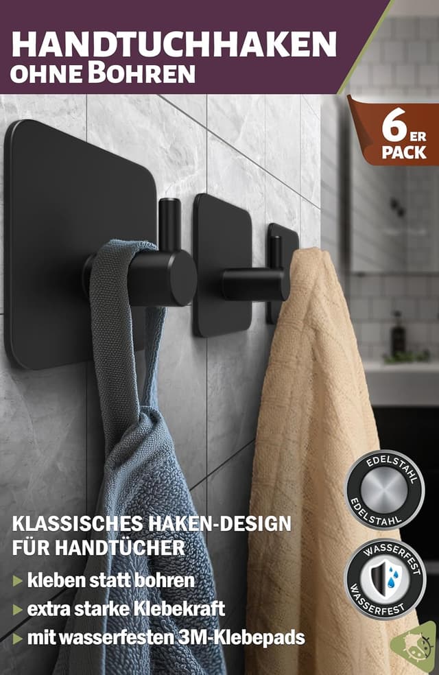 Detalle 2 de Menz Handtuchhaken ohne Bohren, 6er-Set – schwarze selbstklebende Handtuchhalter aus Edelstahl