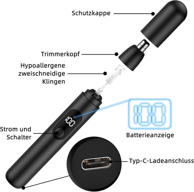 Detalle de Wiederaufladbarer Nasenhaartrimmer mit LED-Anzeige und 360°-Doppel-Klingen (Typ-C) – kabellos