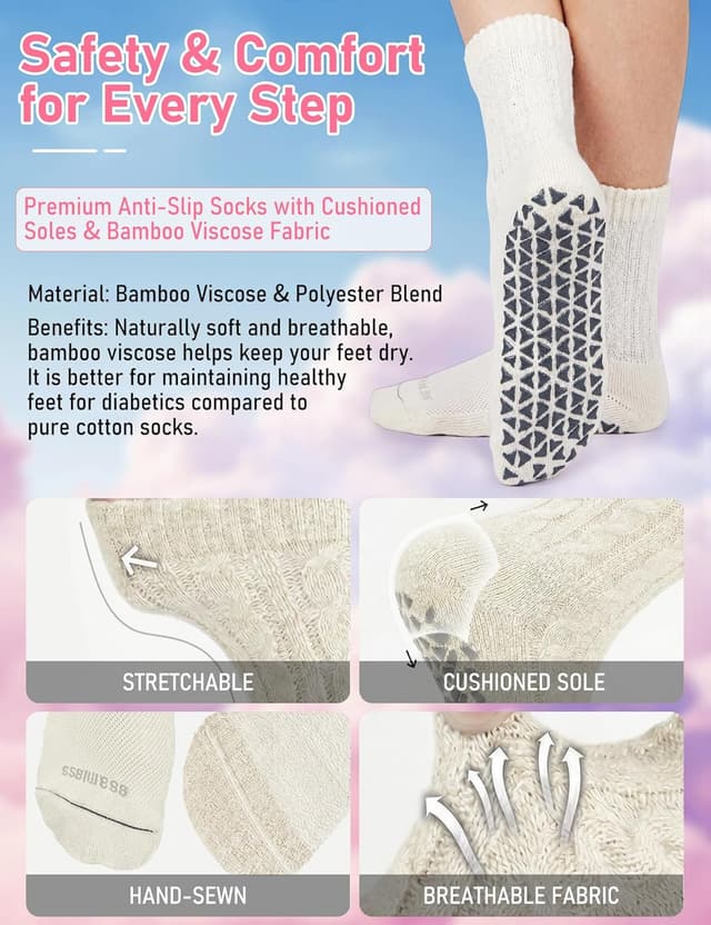 Detalle 2 de Frelimiu Diabetic Socks with Grippers for Women (Non-Slip Bamboo Viscose), 4 Pairs, Size 8–11