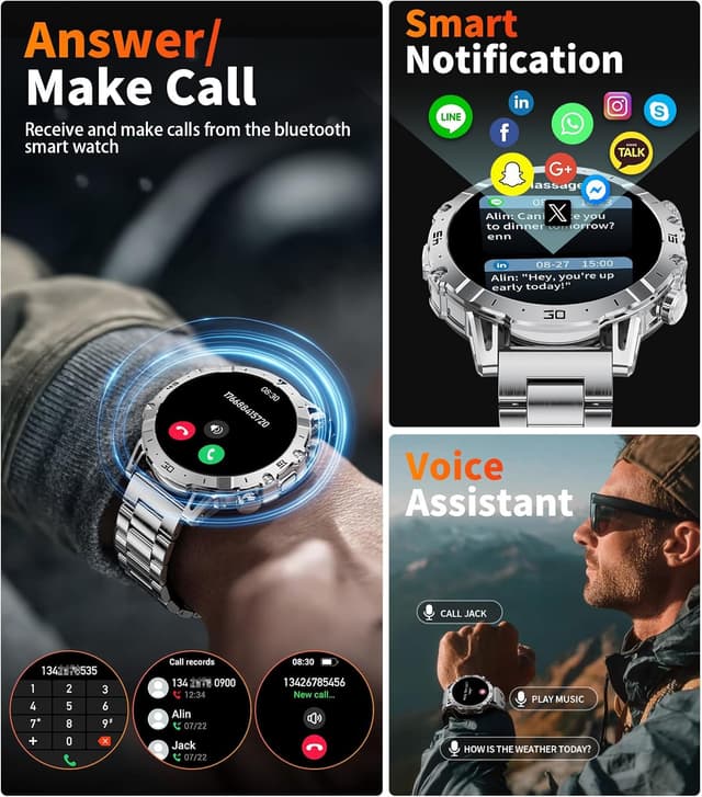 Detalle de SUNKTA Military Smart Watch for Men (1000mAh) – 1.7" HD Bluetooth Fitness Tracker with Dual Charging