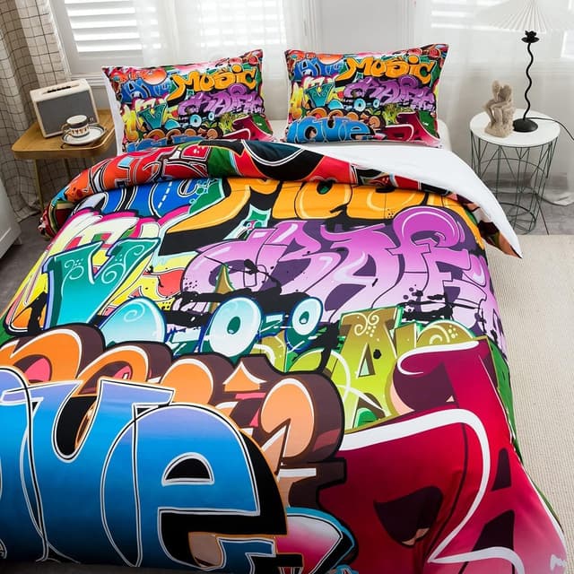 Detalle de Loussiesd Graffiti Style Hip Hop 3-Piece Bedding Set with Zipper (Kids/Teens Duvet Cover & Pillowcases)