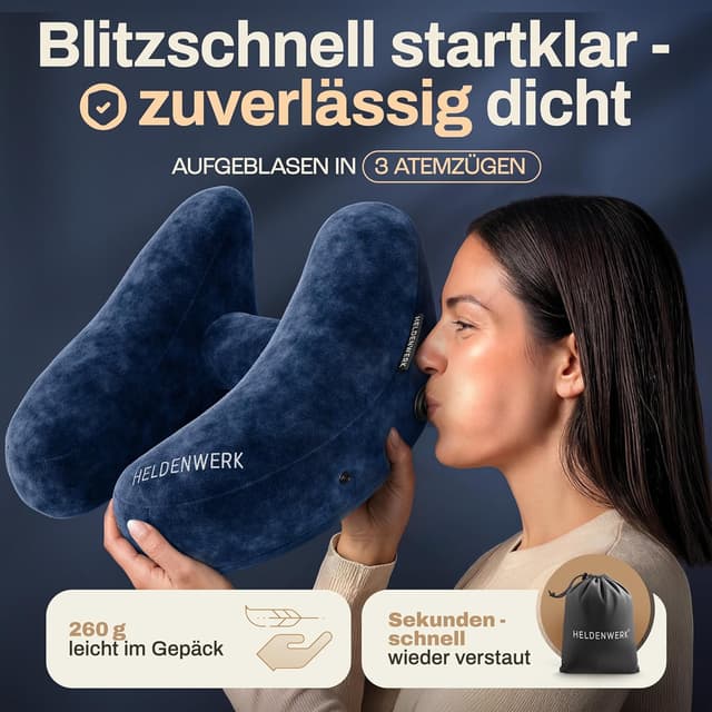 Detalle de HELDENWERK® Air Nackenkissen Flugzeug – aufblasbares Reisekissen für bis zu 5 Schlafpositionen