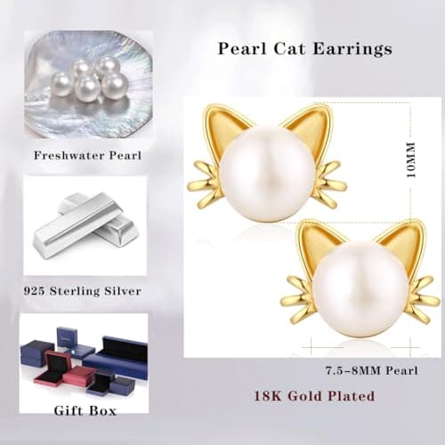 Thumbnail 6 de Pendiente Gato Perla de plata de ley 925 con perla cultivada de agua dulce (jiamiaoi)