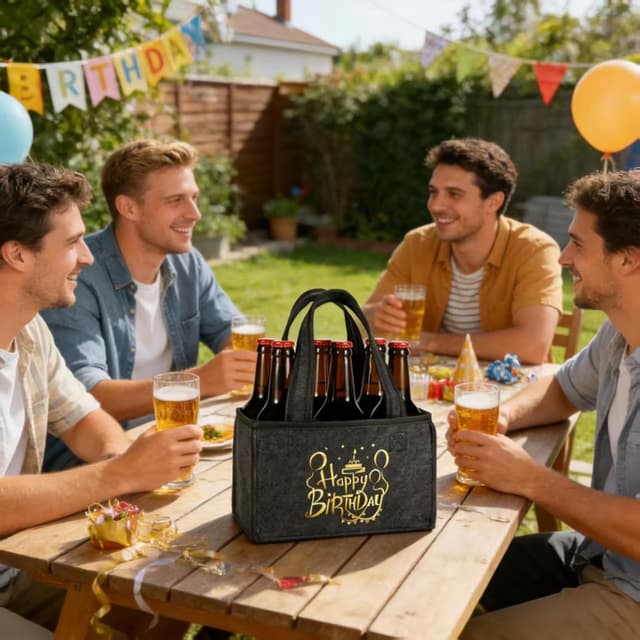 Detalle de Ani cy Männerhandtasche Bier als witziges Geburtstagsgeschenk mit „HAPPY BIRTHDAY“ (Filz-Flaschentasche)