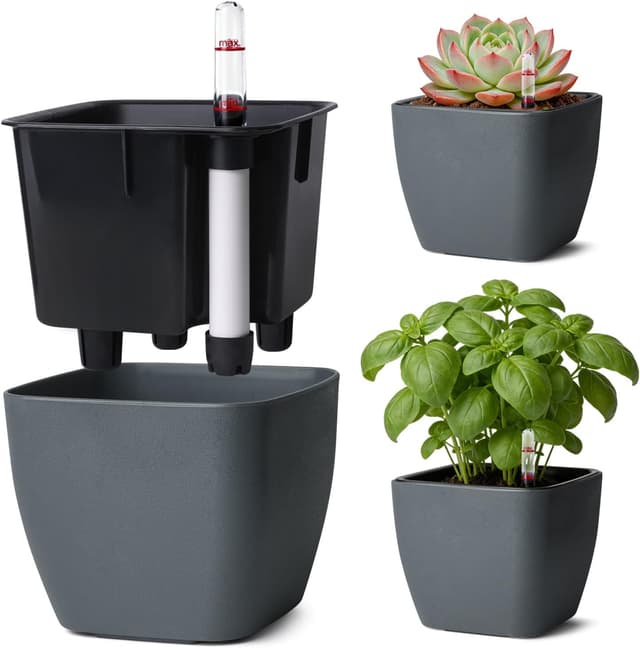 Detalle de T4u 3er-Set eckige Selbstbewässerungstopfe (12,5 cm) mit Wasserstandsanzeige in Grau