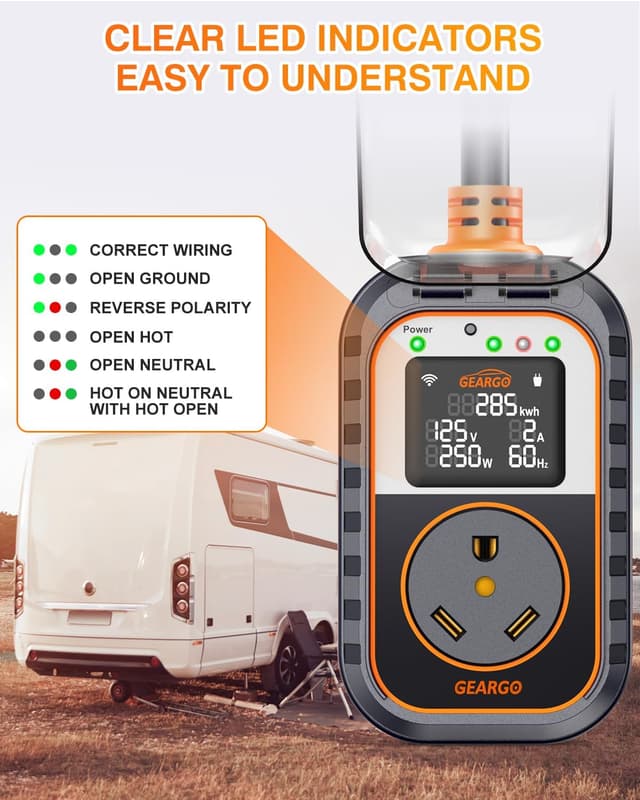 Detalle de GEARGO New-Gen RV Surge Protector 30 Amp with Bluetooth App, 15000J Circuit Analyzer, IP68