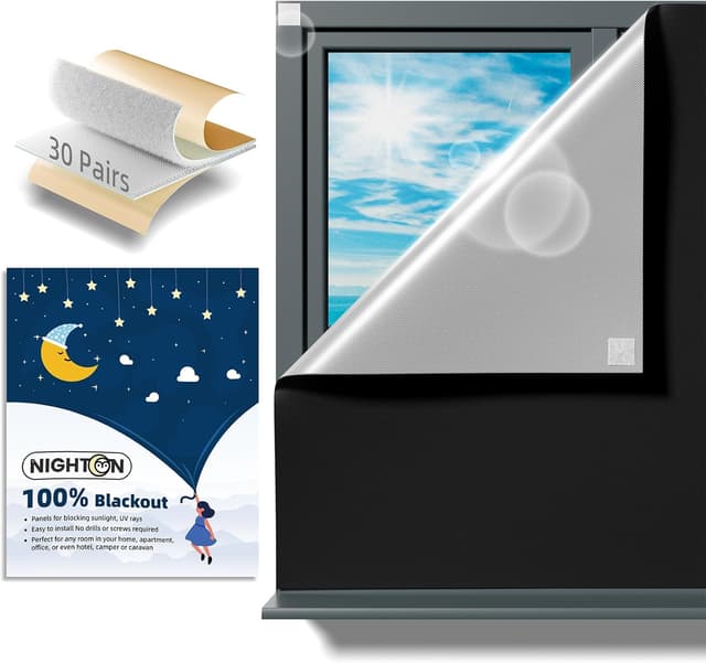 Detalle de NIGHTON Portable Blackout Curtains 40"×59" (Black, 2-Pack) — 100% blackout fabric with hook-and-loop tape strips