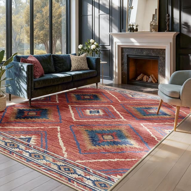 Detalle de DEFYNEE Moroccan-style 150 x 210 cm machine washable rug with non-slip TPR backing (red)