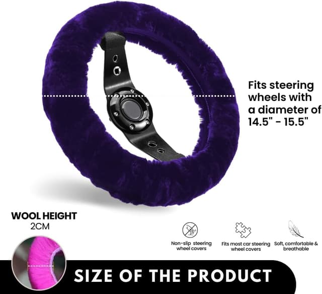 Detalle de Andalus Brands Luxury Fluffy Car Steering Wheel Covers (Genuine Merino Sheepskin) – Dark Purple Universal 14.5–15