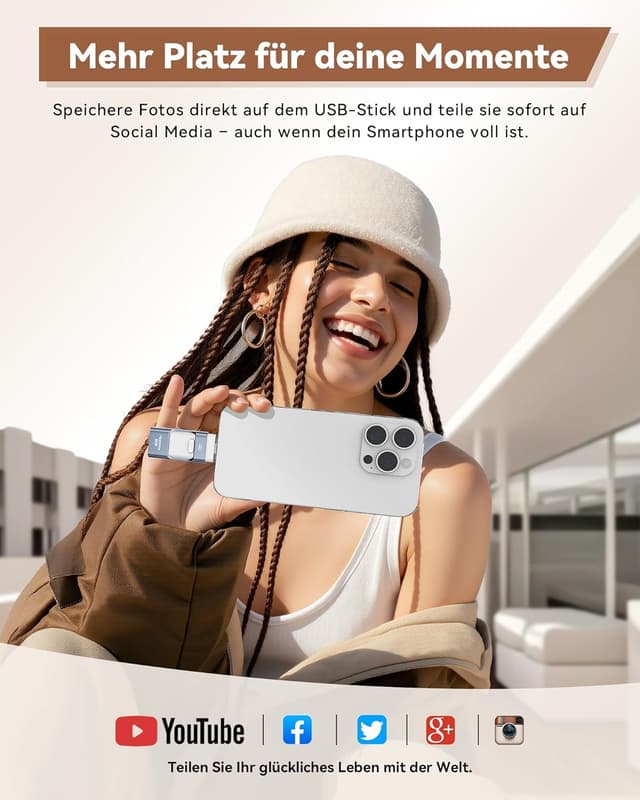 Detalle de ZARMST 512 GB USB-Stick für iPhone, Android, PC & Tablets (4-in-1, USB 3.0, USB-C/microUSB/Lightning-ähnliche Nutzung) – Blau