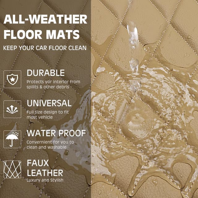 Detalle 1 de CAR PASS Luxury Faux Leather Floor Mats (Waterproof, Anti-Slip) — Universal Fit Full Set, 4-Piece Beige