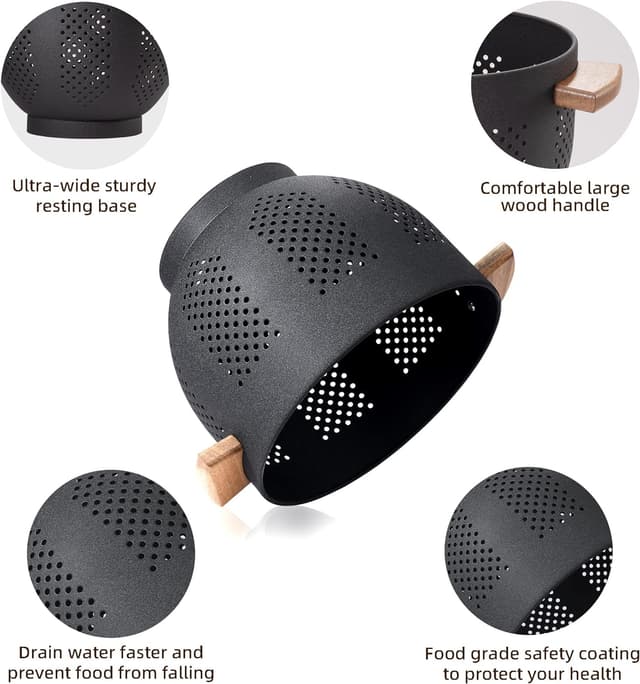 Detalle de Metal Colander with Wood Handle and Stable Base (5.5 Quart, Matte Black) — Powder-Coated Steel Kitchen Strainer