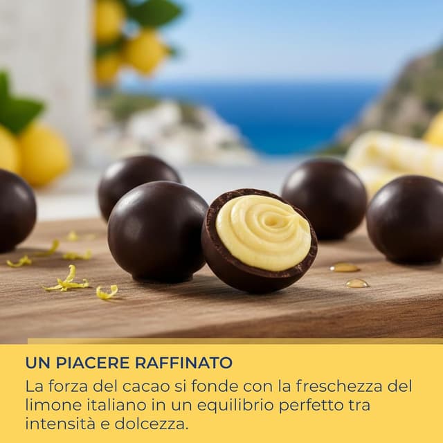 Detalle de Perle di Sole ‘Amalfitude’ praline al limone Costa d’Amalfi I.G.P. con cuore cremoso e cioccolato fondente, 300 g