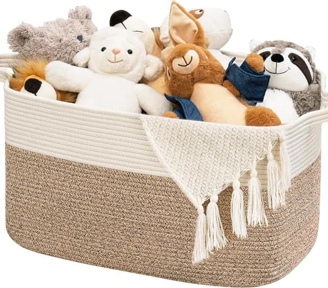 Detalle de Large Foldable Woven Cotton Laundry Basket with Handle (Brown & White), 55 x 38 x 30cm