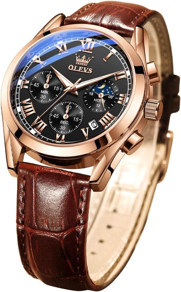 Detalle de OLEVS Men Moon Phase Leather Strap Analog Quartz Watch (3ATM) with Calendar, Luminous Hands