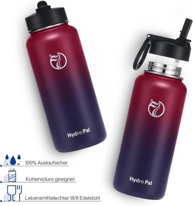 Detalle de HydroPal Edelstahl-Trinkflasche (500 ml bis 1,9 L) mit Strohhalm & 2 Deckeln, BPA-frei, kohlensäuregeeignet