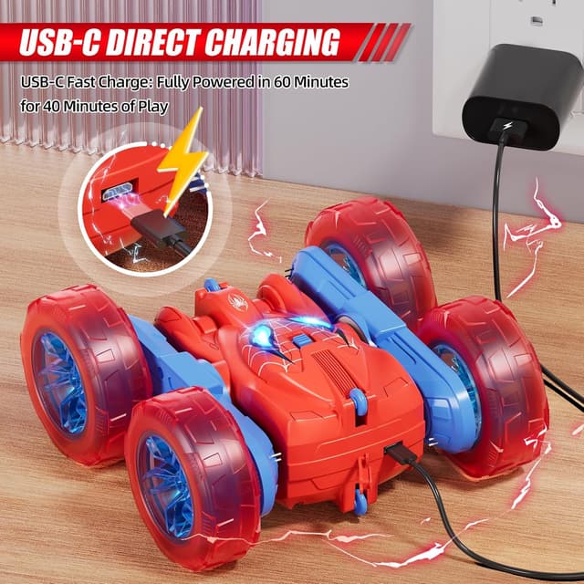 Detalle de Spider Remote Control Car — 360° Stunt RC for Kids (4WD, LED Wheel Lights, 2.4GHz, USB-C Charging)