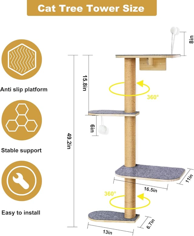Detalle 2 de Wall-Mounted Cat Tree 125cm — 4‑Tier Cat Tower 🐱