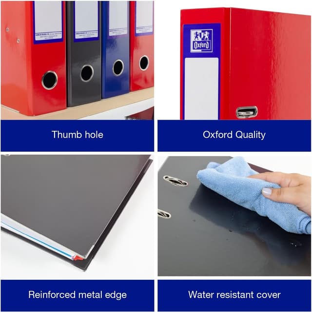 Detalle de Oxford A4 Lever Arch Files (3 Pack) with Glossy Filing Folders in Red, Black & Blue