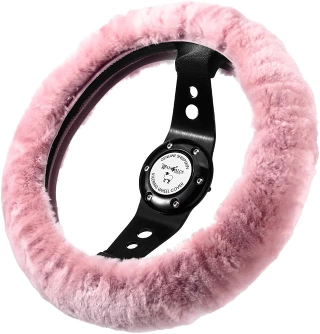 Detalle de Andalus Brands Luxury Fluffy Car Steering Wheel Covers – Genuine Merino Sheepskin, Pink (Universal 14.5–15")