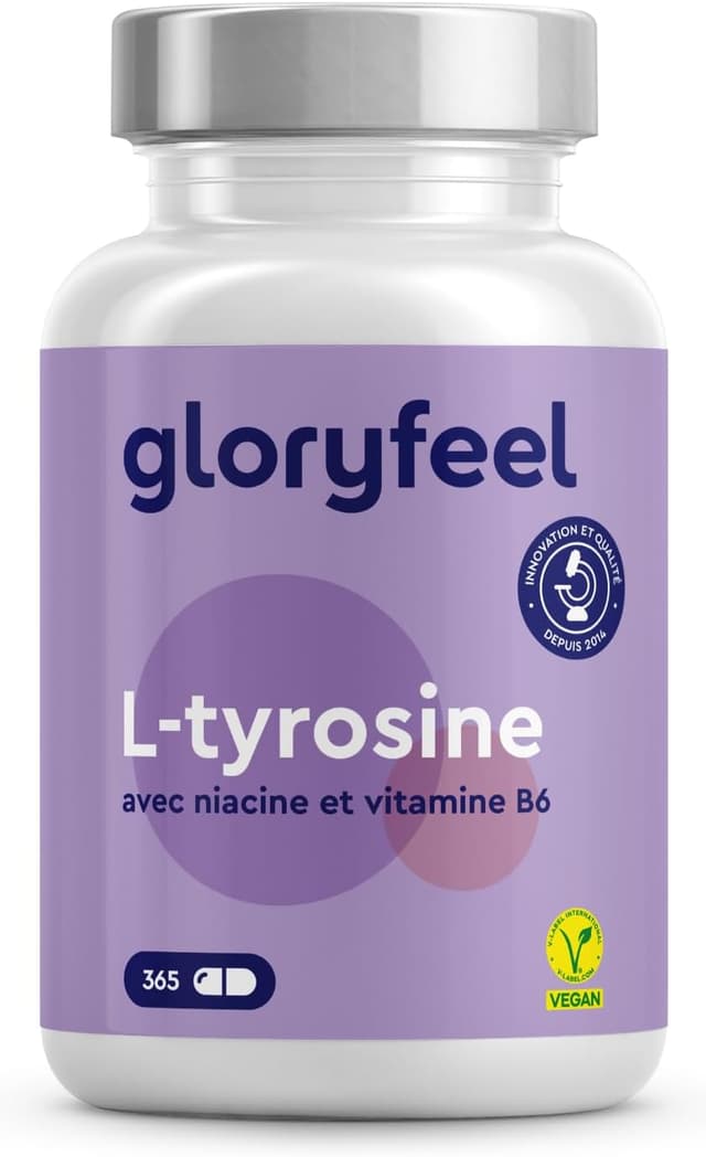Detalle de L-Tyrosine végane avec niacine et vitamine B6 — 365 capsules (dosage 1000 mg) contre la fatigue