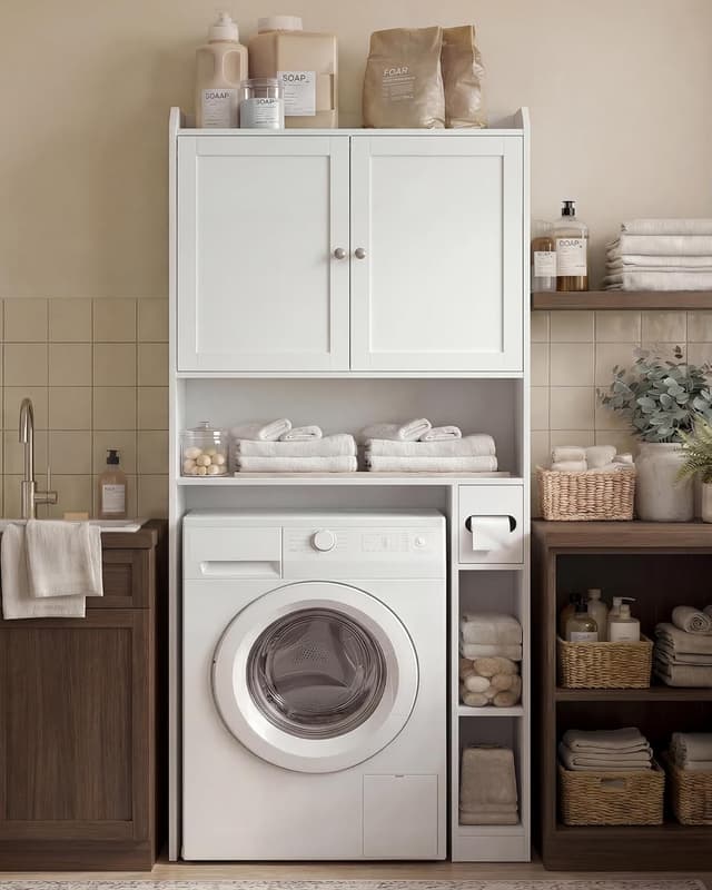 Detalle de VASAGLE Meuble WC BTS018W01V1 (20 x 79,1 x 170 cm) – armoire de rangement pour salle de bain, étagères ajustables