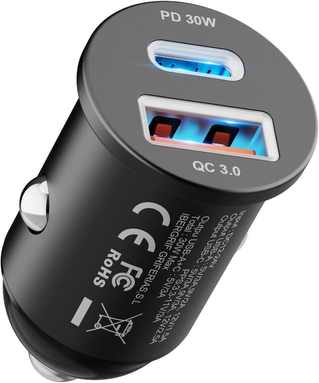 Detalle de GRIFEMA Caricatore auto USB-C 30W con doppia porta PD 30W + QC 3.0 18W (alluminio)
