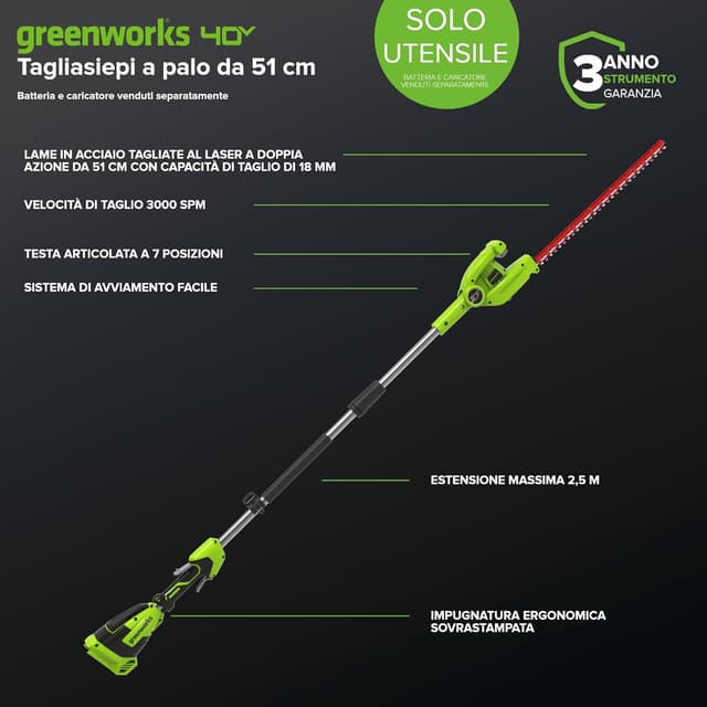 Detalle de Greenworks G40PHA tagliasiepi a asta con albero divisibile e testa rotante fino a 125°