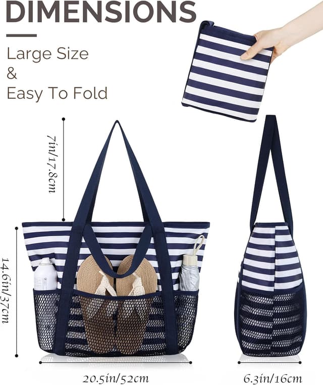 Detalle 2 de HOMESPON Beach Tote Bag for Women with Zip and Pockets – large waterproof mesh holiday bag for travel, swim and shopping