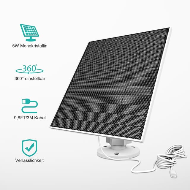 Detalle 2 de Solarpanel für Eufy Kamera (5W) mit USB-C Anschluss, IP65 wetterfest – passend für EufyCam Modelle wie 3/3C/2/2 Pro/2C