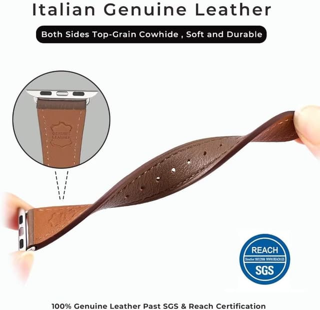 Detalle de AoYi Italian Genuine Leather Straps for Apple Watch (Series 11–1, SE & Ultra) – Slim cowhide leather bands