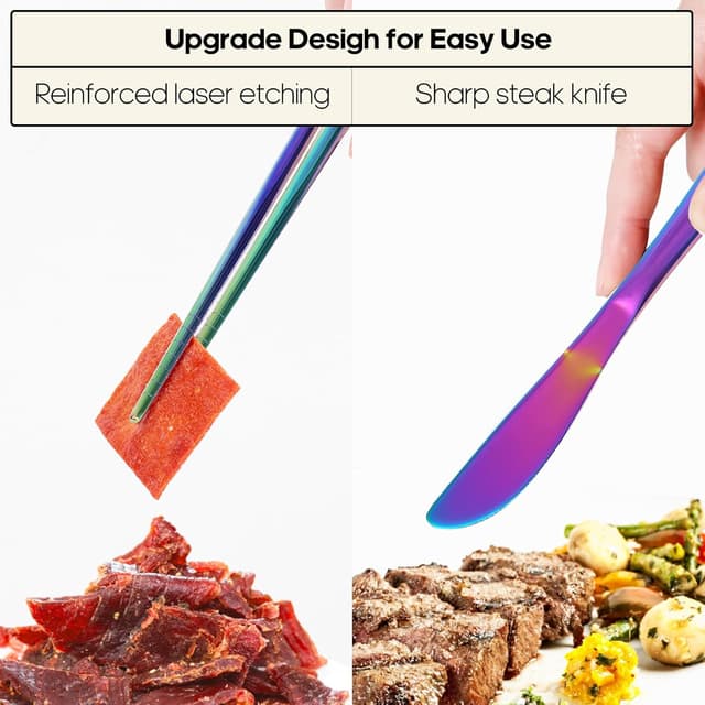 Detalle de Quatish Camping Besteck-Set (5-teilig) aus Edelstahl inkl. Etui – Reisebesteck to go mit Regenbogenfarbe