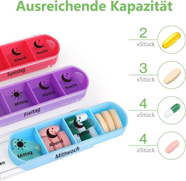 Detalle 2 de Opret Tablettenbox für 7 Tage mit 4 Fächern (Morgen, Mittag, Abend, Nacht)